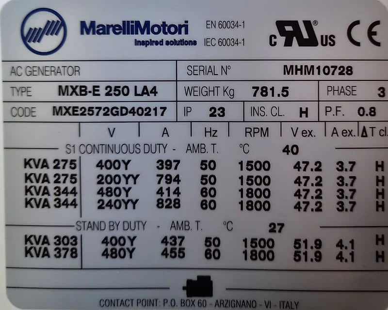 Generateur Marelli MXB-E 250 LA4 - 275 KVA Triphasé